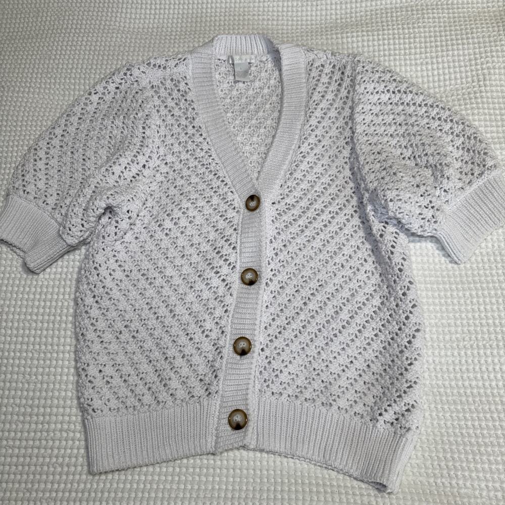 Design History White Open Knit Crochet Cardigan Sweater Large Coastal Boho EUC